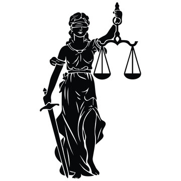 Lady justice blindfolded holding sword and scales vector silhouette illustration art.