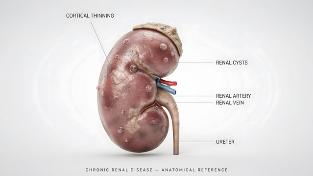 Anatomy of a human kidney with chronic renal disease and renal cysts