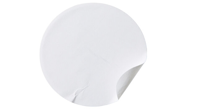 Blank white circular sticker with peeling corner, isolated on transparent background