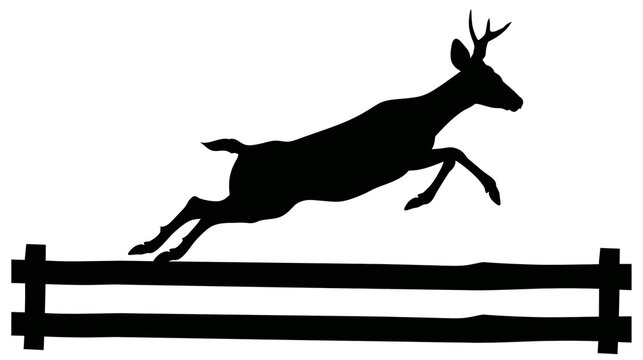 Black silhouette of a buck deer jumping over a wooden fence, isolated on transparent background