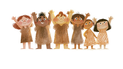 Diverse group of happy cave girls with arms raised, isolated on transparent background