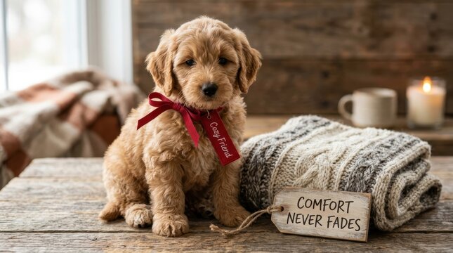 Adorable fluffy golden doodle puppy wearing a red ribbon sitting calmly on a rustic wooden table next to a cozy knitted blanket and decorative comfort never fades sign, perfect for