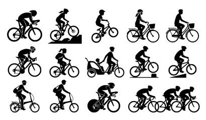 Naklejka premium Cycling Rider Silhouette Vector Collection with Bicycle and Mountain Bike Icons