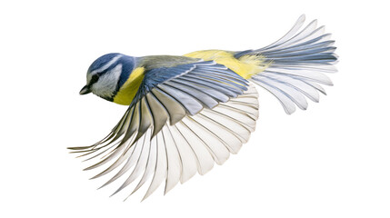 Blue tit bird in flight detailed wings spread, isolated on transparent background © Marta