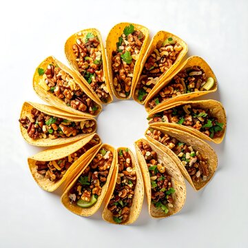 Delicious Tacos Arranged in a Circle on White Background.