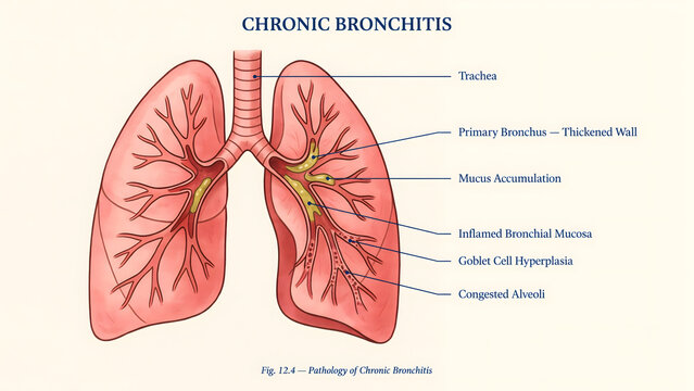 Anatomical illustration showing the pathology of chronic bronchitis in human lungs