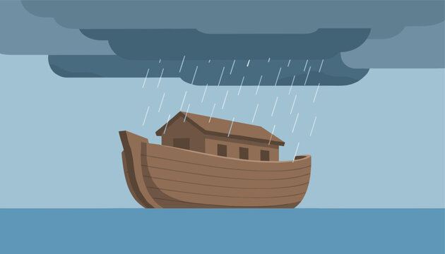 Giant wooden Noah ark floating safely on a deep blue sea under heavy raining storm clouds in the open ocean.