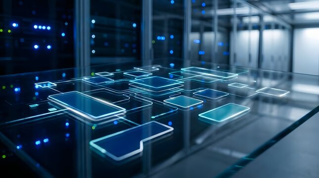 Digital circuit interface over blurred server room background.
