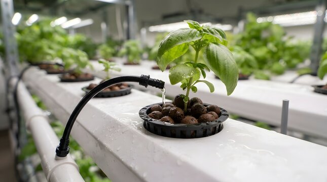 Hydroponic System Drip Irrigation Watering Fresh Green Plant in Modern Indoor Vertical Farm