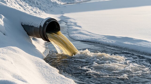 Drainage pipe polluting river, releasing dirty wastewater into snow covered, partially frozen natural environment