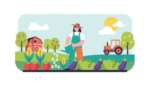 Female farmer waters fresh organic vegetables with a green watering can on beautiful country farm with barn and tractor.