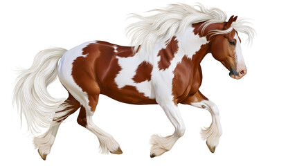 Brown and white pinto horse with flowing mane and tail, isolated on transparent background © Marta