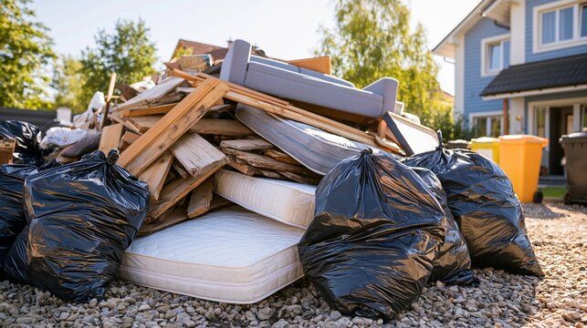 Bulky waste pile from household renovation and cleanup project, old furniture and trash bags outdoors