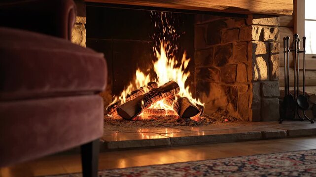 Cozy fireplace with burning logs, warm glowing embers, and comfortable armchair, creating a relaxing hygge atmosphere, perfect for winter evenings