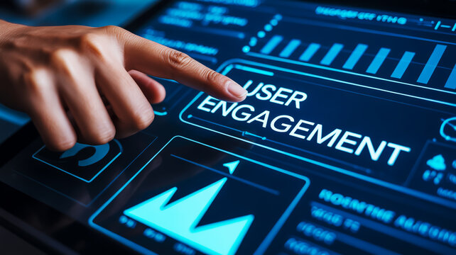 Finger Touching a Digital Interface Screen for Real-time User Engagement Data Analysis and Business Performance Tracking