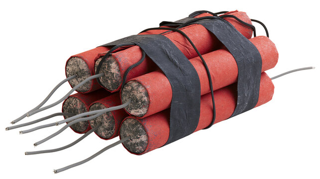 Bundle of red dynamite sticks with gray wires, isolated on transparent background