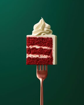 Red Velvet Cake Bite on Copper Fork, Minimalist Editorial Dessert Shot on Emerald Background