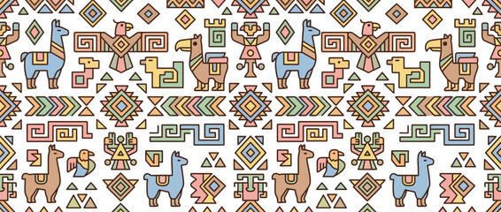 Colorful Andean Textile Pattern with Llamas and Birds © lucy