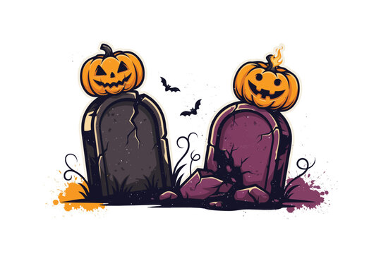 Broken tombstones with glowing pumpkins vector illustration isolated on white background