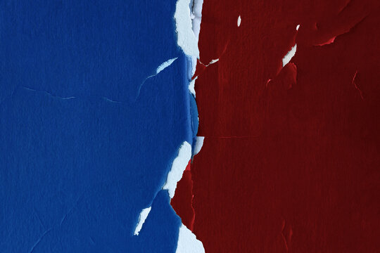 Torn blue and red wall surfaces reveal a white divide, geopolitical conflict