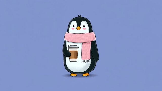Adorable cartoon penguin wearing a pink scarf and holding a warm coffee cup on a purple background