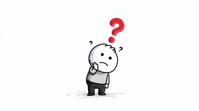 Animated doodle of a confused character thinking with a question mark over his head on a white background