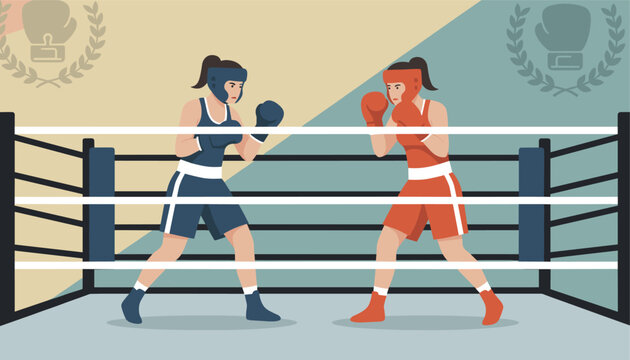 Two athletic young female boxers in protective helmets sparring inside a professional boxing ring during a championship match.