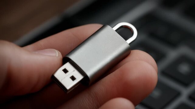 Close-up of a person's hand holding a silver usb flash drive above a dark laptop keyboard