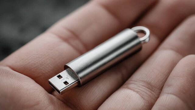 Close-up of a person's hand holding a small, metallic silver usb flash drive for data storage
