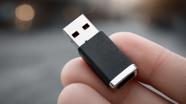 Closeup of a hand holding a modern black usb type-a to type-c adapter with a metallic finish