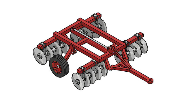 Isometric red disc harrow agricultural implement icon for soil tillage