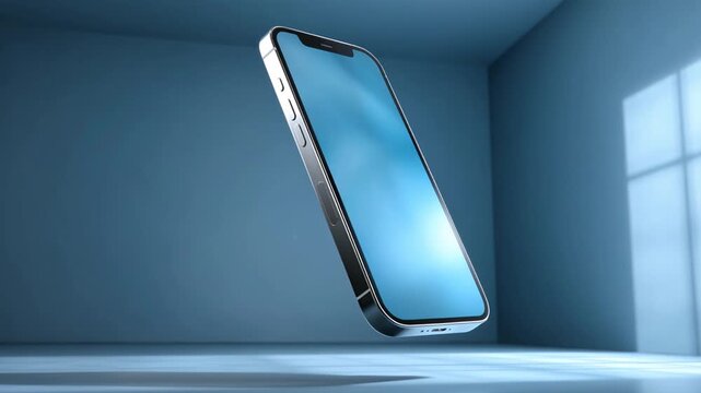 Modern smartphone with a blank screen levitating and rotating in a minimalist blue room