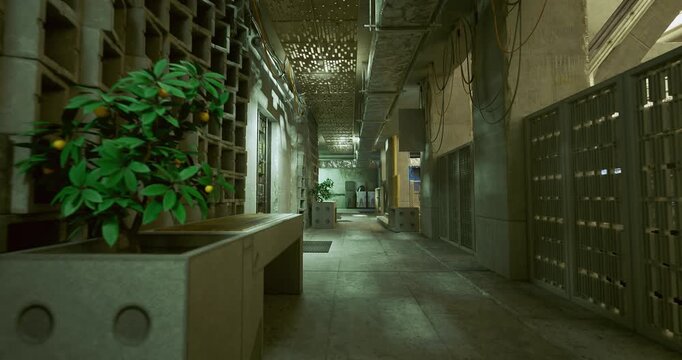 Architectural staircase with lighting, Material study of staircase and lighting effects, Industrial style interior with textured walls and rhythmic steps