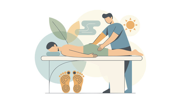 Professional male masseur performing relaxing back and hip massage on young man lying on table at wellness spa.