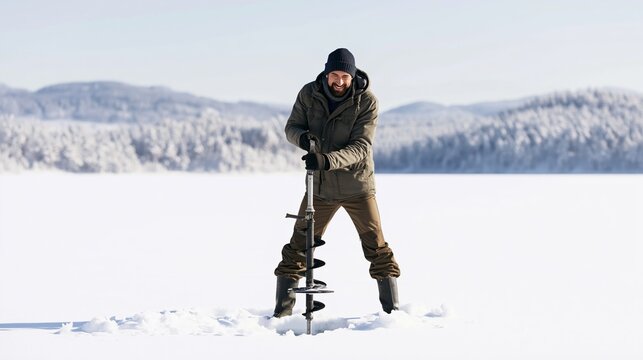Man smiling while drilling through ice on a frozen lake, with snowy mountains and a distant forest behind
