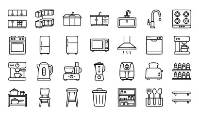 Fototapeta premium Kitchen Appliances Outline Icons Furniture Contour Editable Stroke Vector Set