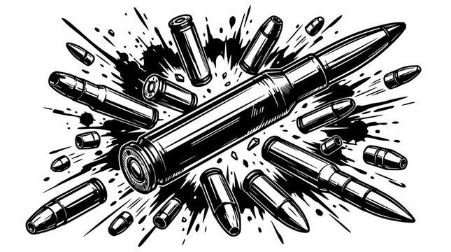 Bullet casings and projectiles set with scattered metallic shells featuring copper, brass, and steel with realistic textures and shadows