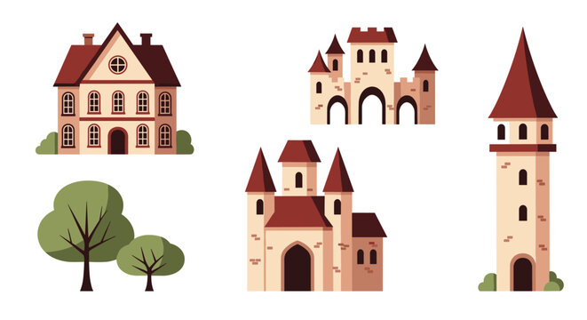 Collection of medieval architecture illustrations including different styles of castles, a tall stone tower, a house, and green trees.