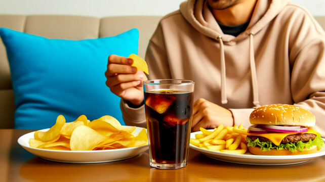 A close-up photograph of a person holding a snack with a meal consisting of a cheeseburger, potato chips, and a cold carbonated drink