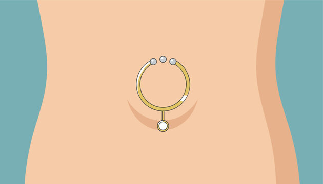 Beautiful gold navel ring piercing on female belly button close-up illustration isolated on plain background.