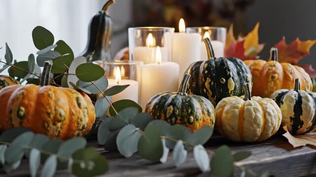 warm autumn harvest arrangement with glowing candles and assorted gourds on rustic wooden table, seasonal decor, thanksgiving and fall celebration