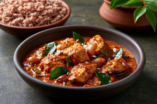 Keralan fish curry with red rice and curry leaves
