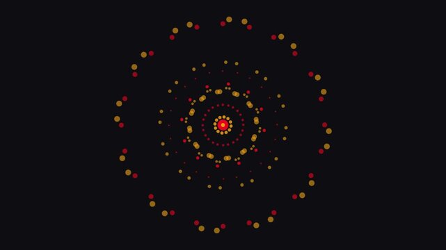 Abstract circular motion of red and gold dots creating radial pattern on dark background motion graphics.
