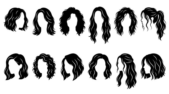 Collection of twelve diverse female hairstyle silhouettes featuring various lengths and textures including curly, wavy, straight, bob cuts, and a ponytail, isolated on white background.