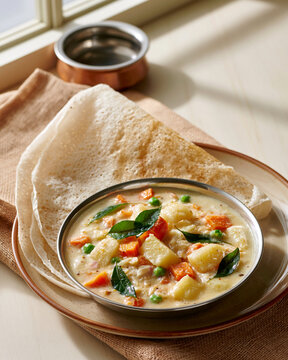 Appam with vegetable stew in morning window light