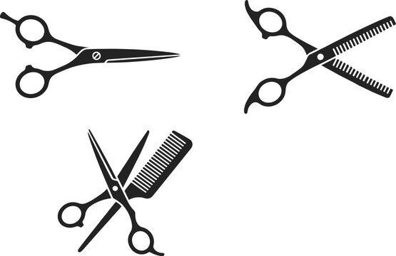 Professional Barber Scissor and Comb Silhouette Icon Set Featuring Hair Cutting Shears Thinning Scissors and Hairdressing Salon Tools