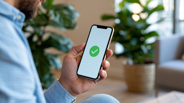 Close-up of hand holding phone displaying chargeback dispute notification, payment fraud resolution concept, defocused background, with copy space