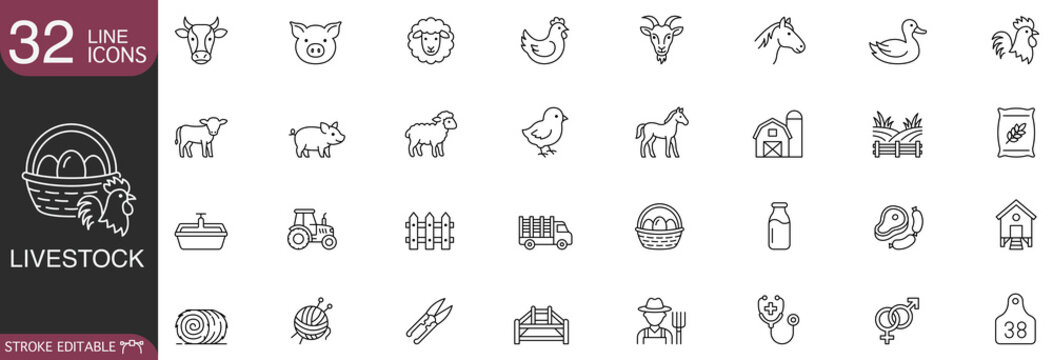 Livestock and farm animal line icon vector set featuring agriculture equipment, dairy products, and farming concepts with editable stroke.