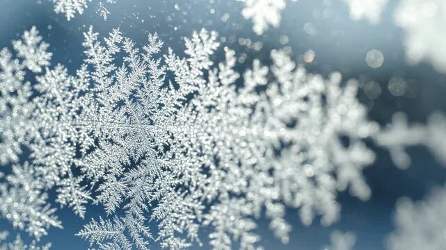 detailed macro view of a delicate snowflake crystal with intricate fractal patterns, sparkling ice formations, winter frost, cold atmosphere, blue background