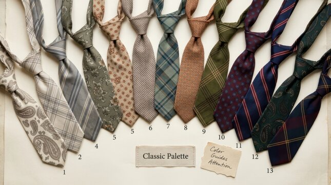 Elegant selection of thirteen stylish patterned neckties for men arranged in a row with numerical labels showcasing various classic designs and vintage colors for professional fashion and style ideas.